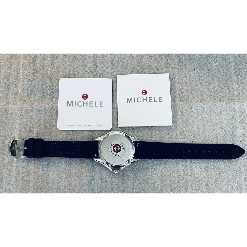 Michele Cape Topaz Watch MWW27A000012 Silver Dial Black Silicone Band Box Paper